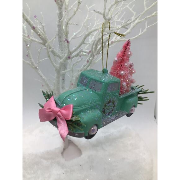 Farmhouse Truck Christmas Ornament -Green Pink Bottle Brush Trees Hand Decorated - Picture 1 of 11